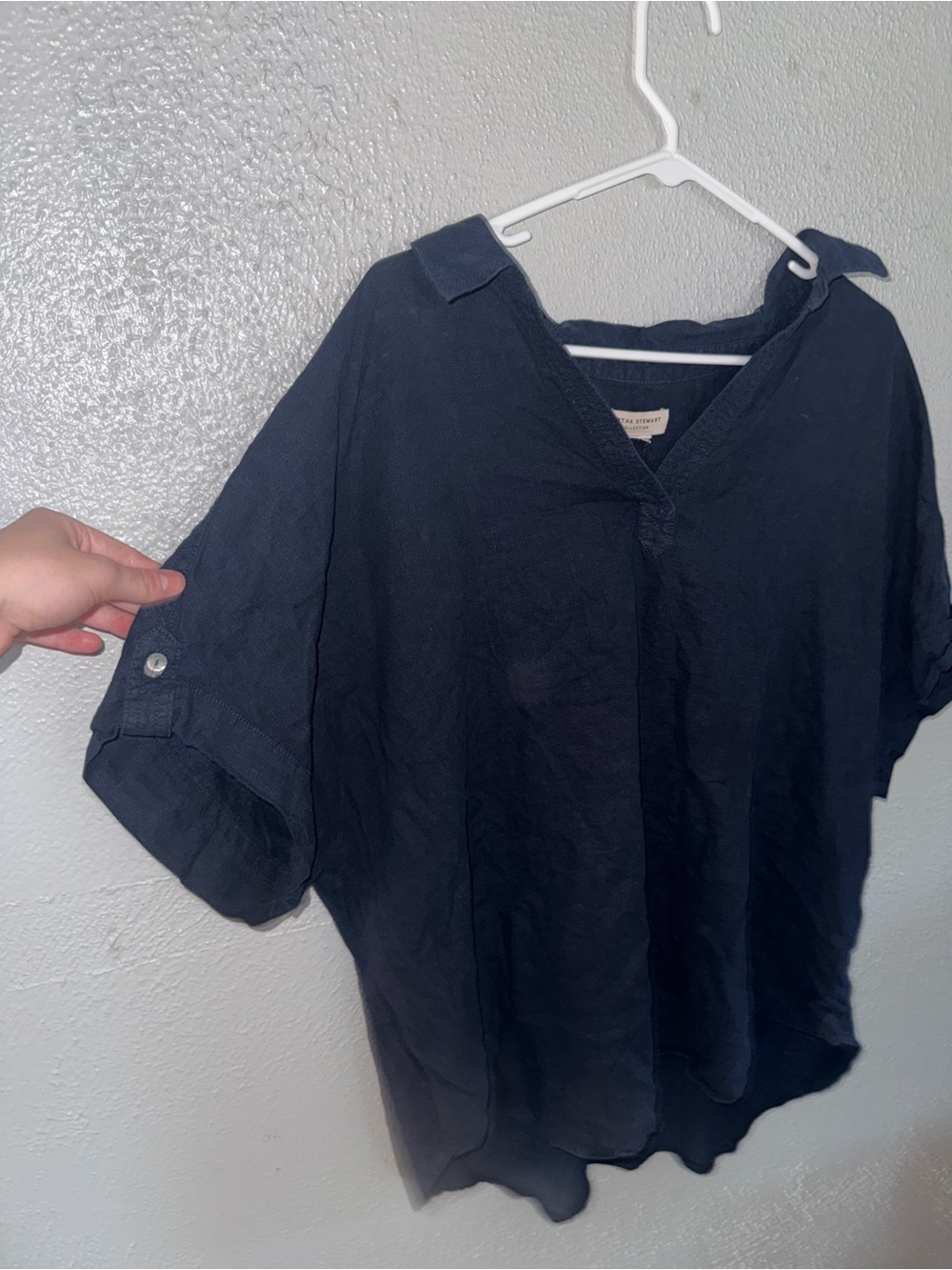 Martha Stewart Navy V-Neck Roll-Tab Sleeve Blouse - Picture 3 of 4